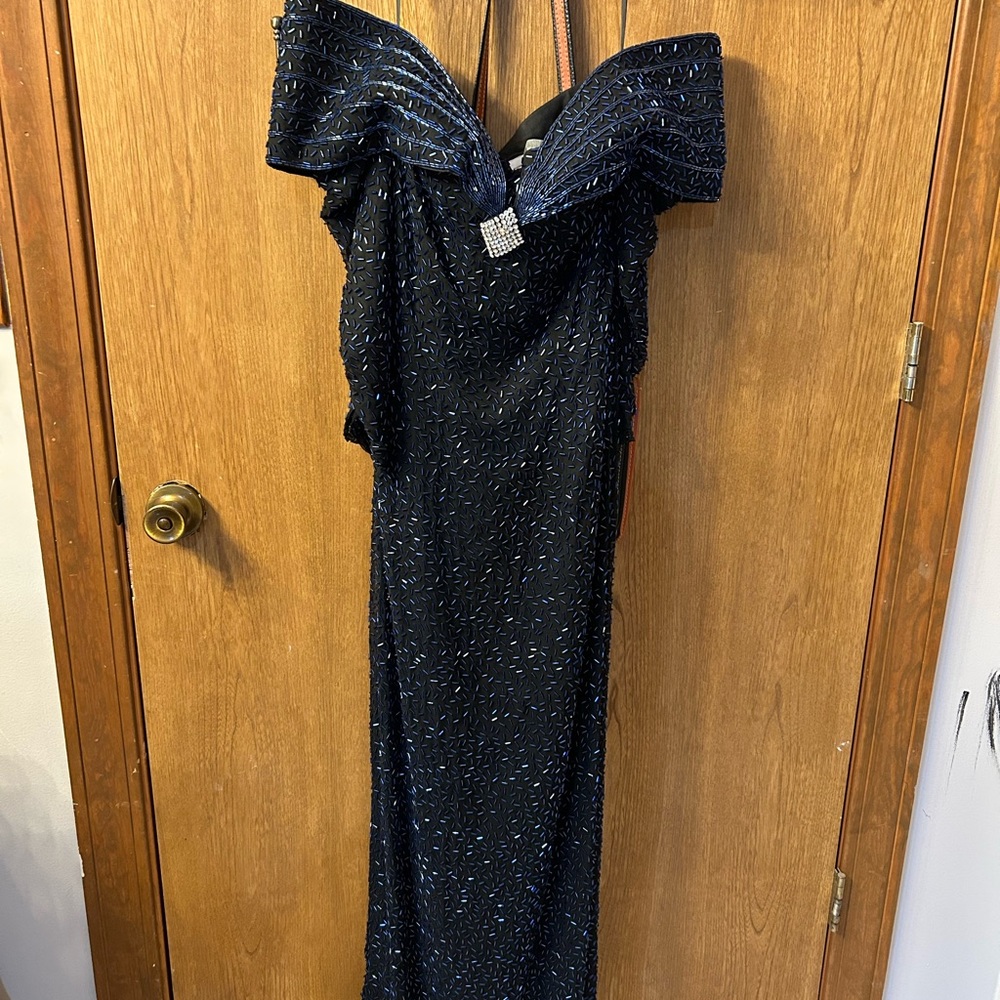 Sherri Hill Off the Shoulder Black Gown with Blue Accents